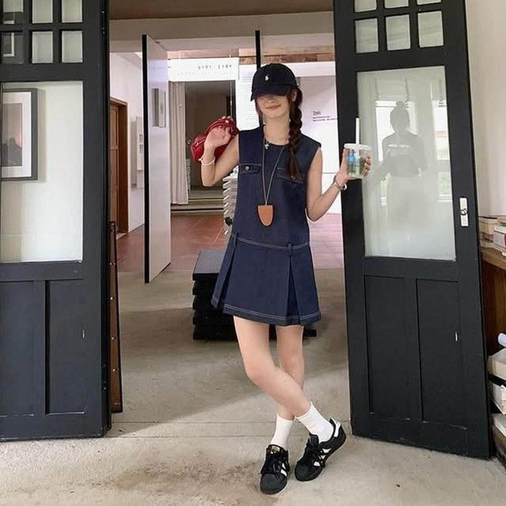 Honore Wool Blend Pleated Structured Mini Dress Dark Indigo Blue Gold Button S - Picture 8 of 8